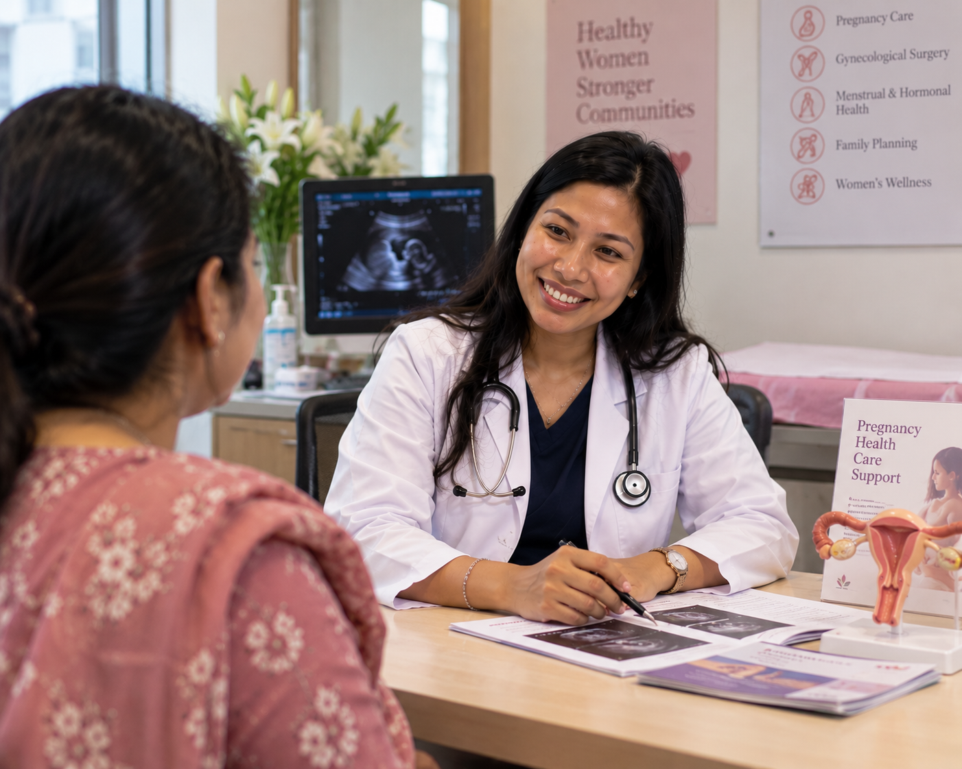 Dr. Monomika reviewing an ultrasound chart with a patient