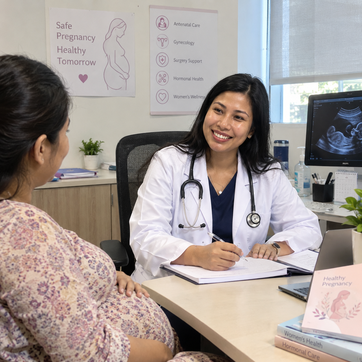 Dr. Monomika consulting with a pregnant patient at her desk